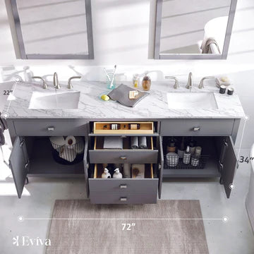 Artemis 72"W x 22"D Gray Double Sink Bathroom Vanity with White Carrara Quartz Countertop and Undermount Porcelain Sinks TVN313-72GR