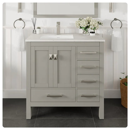 London 36"W x 18"D Gray Bathroom Vanity with White Carrara Quartz Countertop and Undermount Porcelain Sink TVN414-36X18GR-Q