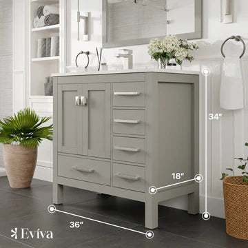 London 36"W x 18"D Gray Bathroom Vanity with White Carrara Quartz Countertop and Undermount Porcelain Sink TVN414-36X18GR-Q