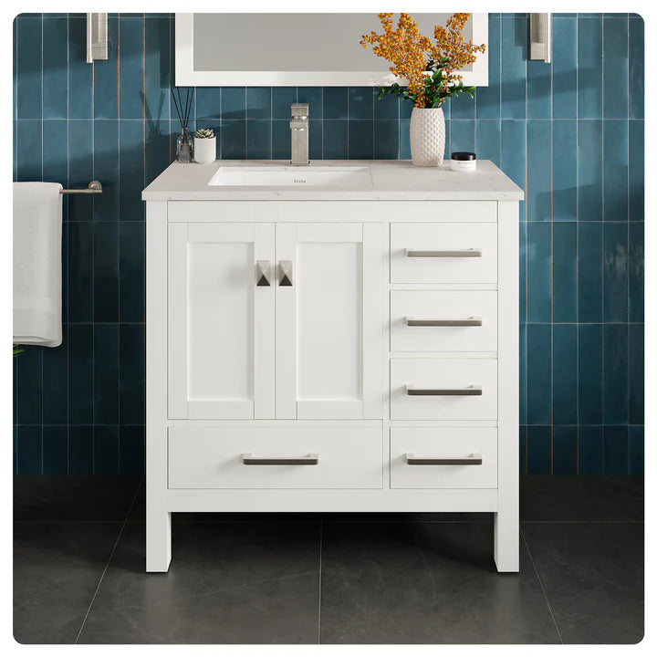 London 36"W x 18"D White Bathroom Vanity with White Carrara Quartz Countertop and Undermount Porcelain Sink TVN414-36X18WH-Q