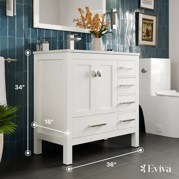 London 36"W x 18"D White Bathroom Vanity with White Carrara Quartz Countertop and Undermount Porcelain Sink TVN414-36X18WH-Q