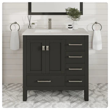 London 36"W x 18"D Espresso Bathroom Vanity with White Carrara Quartz Countertop and Undermount Porcelain Sink TVN414-36X18ES-Q