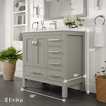 London 38"W x 18"D Gray Bathroom Vanity with White Carrara Quartz Countertop and Undermount Porcelain Sink TVN414-38X18GR-Q