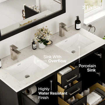 London 48"W x 18"D Espresso Double Sink Bathroom Vanity with White Carrara Quartz Countertop and Undermount Porcelain Sinks TVN414-48X18ES-DS-Q