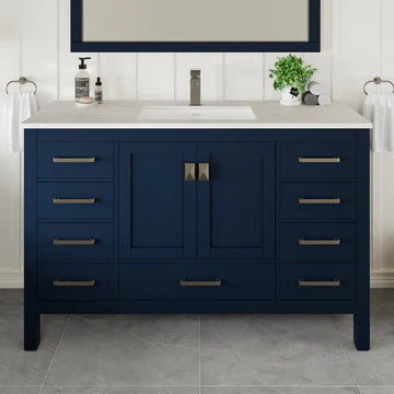 London 54"W x 18"D Blue Bathroom Vanity with White Carrara Quartz Countertop and Undermount Porcelain Sink TVN414-54X18BLU-Q