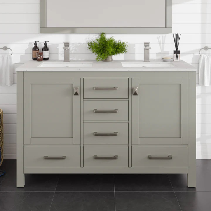 London 54"W x 18"D Gray Double Sink Bathroom Vanity with White Carrara Quartz Countertop and Undermount Porcelain Sinks TVN414-54X18GR-DS-Q