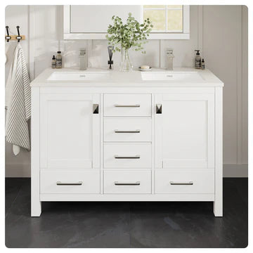 London 54"W x 18"D White Double Sink Bathroom Vanity with White Carrara Quartz Countertop and Undermount Porcelain Sinks TVN414-54X18WH-DS-Q