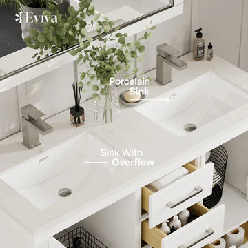 London 54"W x 18"D White Double Sink Bathroom Vanity with White Carrara Quartz Countertop and Undermount Porcelain Sinks TVN414-54X18WH-DS-Q