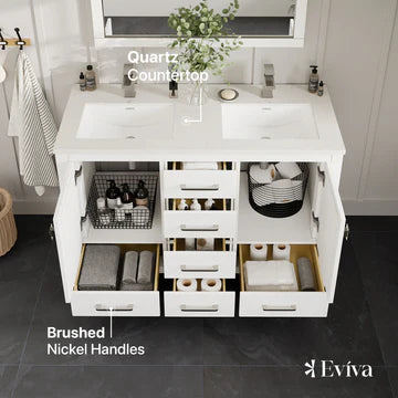 London 54"W x 18"D White Double Sink Bathroom Vanity with White Carrara Quartz Countertop and Undermount Porcelain Sinks TVN414-54X18WH-DS-Q