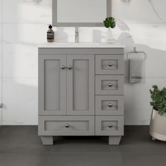 Happy 28"W x 18"D Gray Bathroom Vanity with White Carrara Quartz Countertop and Undermount Porcelain Sink EVVN30-28X18GR-Q