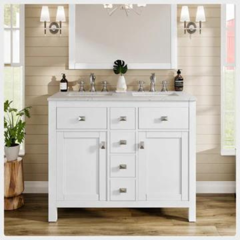 Artemis 44"W x 22"D White Double Sink Bathroom Vanity with White Carrara Quartz Countertop and Undermount Porcelain Sinks TVN313-44WH-DS