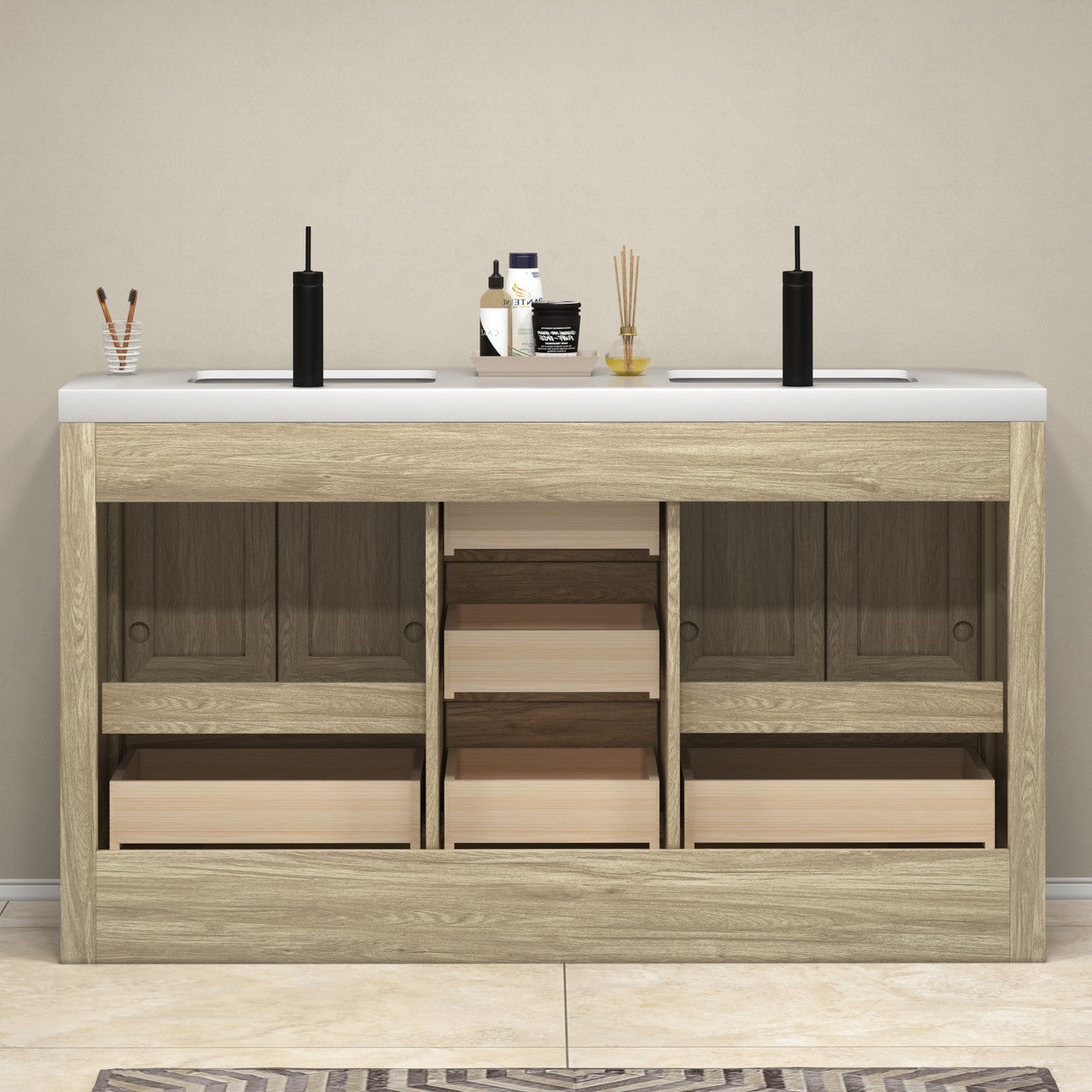 VIV 60" Solid Wood Freestanding Bathroom Vanity with Reinforced Double Acrylic Sink VIV SKU: VIV60D