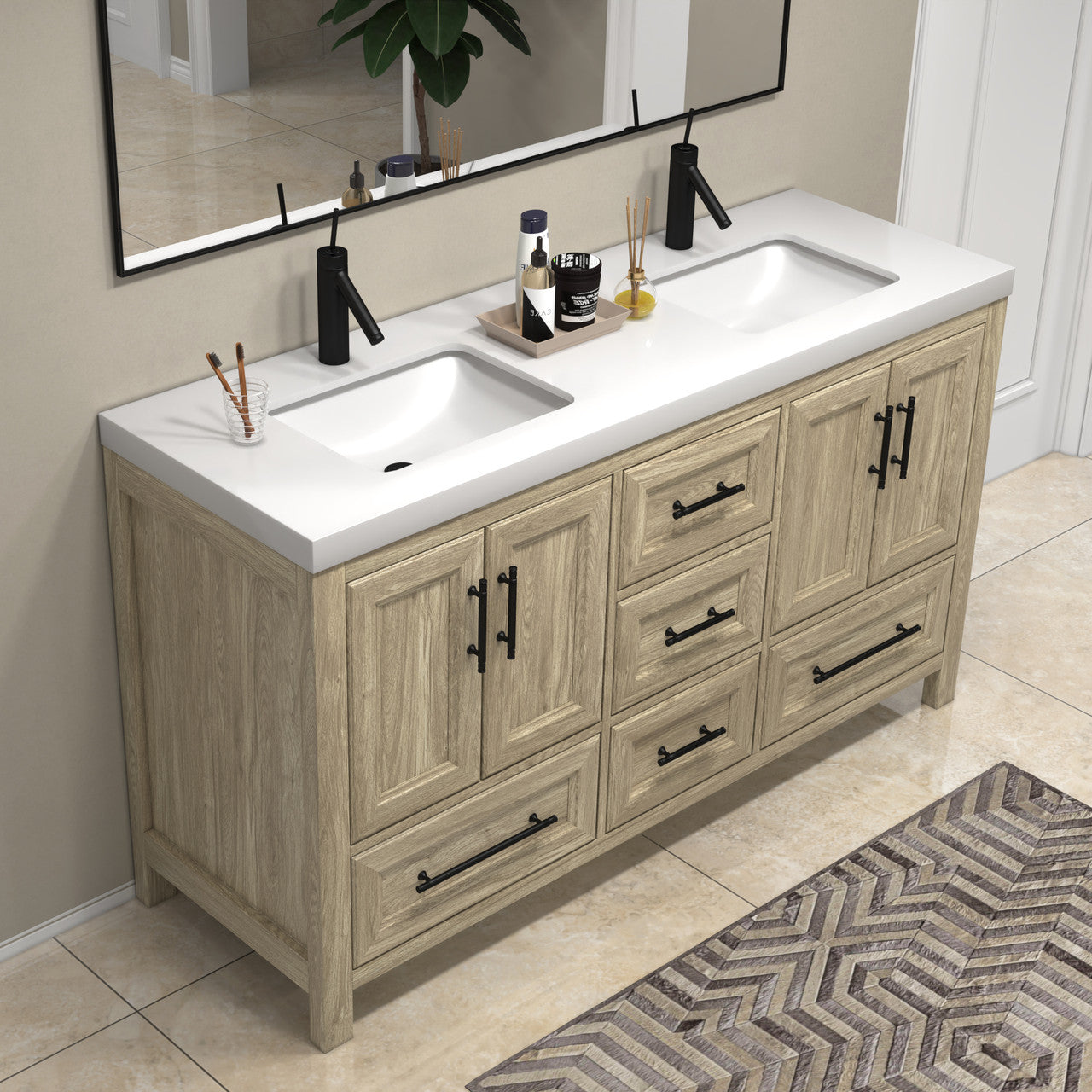 VIV 60" Solid Wood Freestanding Bathroom Vanity with Reinforced Double Acrylic Sink VIV SKU: VIV60D