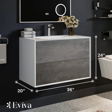 Vienna 36"W x 19"D Concrete Gray Wall Mount Bathroom Vanity with White Acrylic Countertop and Integrated Sink EVVN777-36CGR-WH