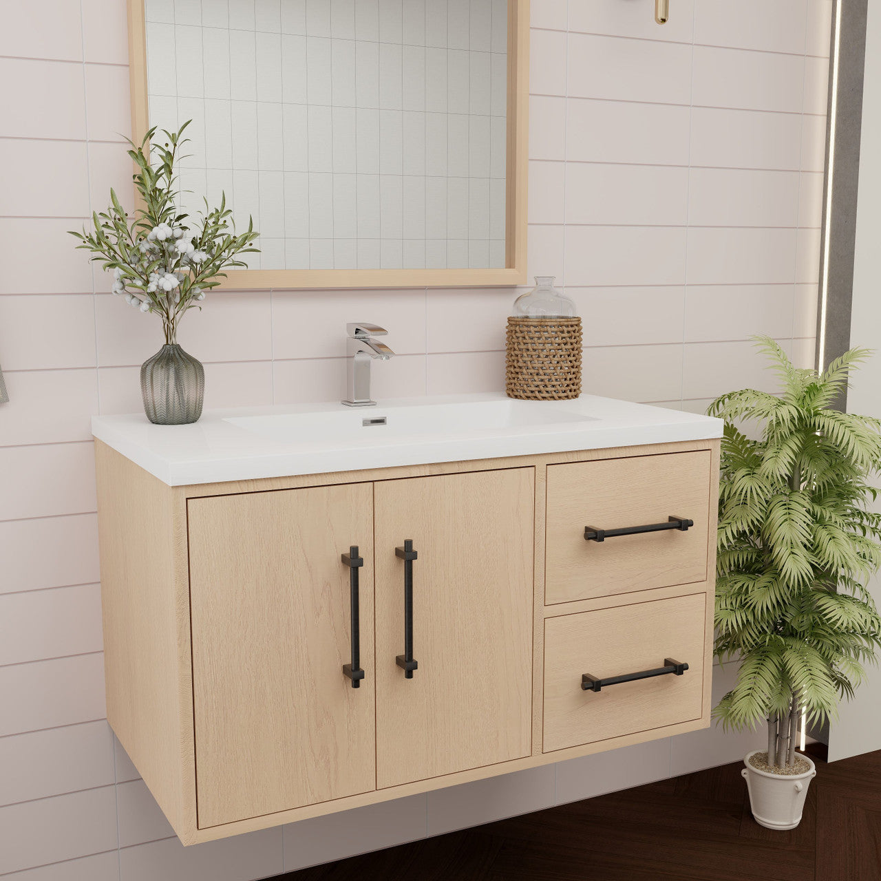 Victoria 36" Wall-Mount Vanity with Reinforced Acrylic Sink (RIGHT DRAWER) Victoria SKU: Victoria 36RWH