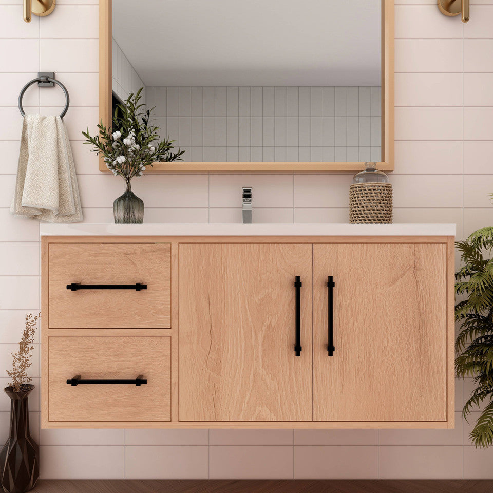 Victoria 42" Wall-Mount Vanity with Reinforced Acrylic Sink (LEFT DRAWER) Victoria SKU: Victoria 42LWH-OAK