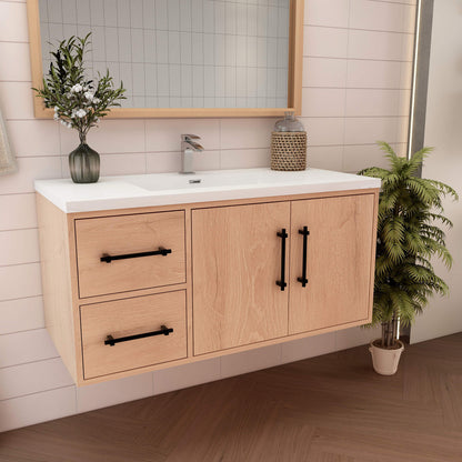 Victoria 42" Wall-Mount Vanity with Reinforced Acrylic Sink (LEFT DRAWER) Victoria SKU: Victoria 42LWH-OAK