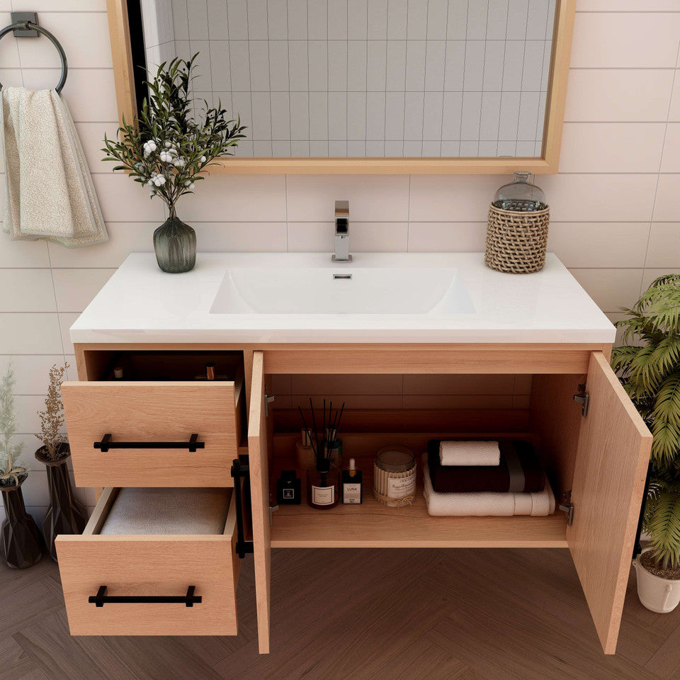 Victoria 42" Wall-Mount Vanity with Reinforced Acrylic Sink (LEFT DRAWER) Victoria SKU: Victoria 42LWH-OAK