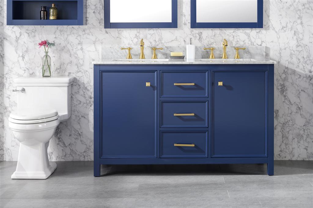 LEGION FURNITURE 54" BLUE FINISH DOUBLE SINK VANITY CABINET WITH CARRARA WHITE TOP