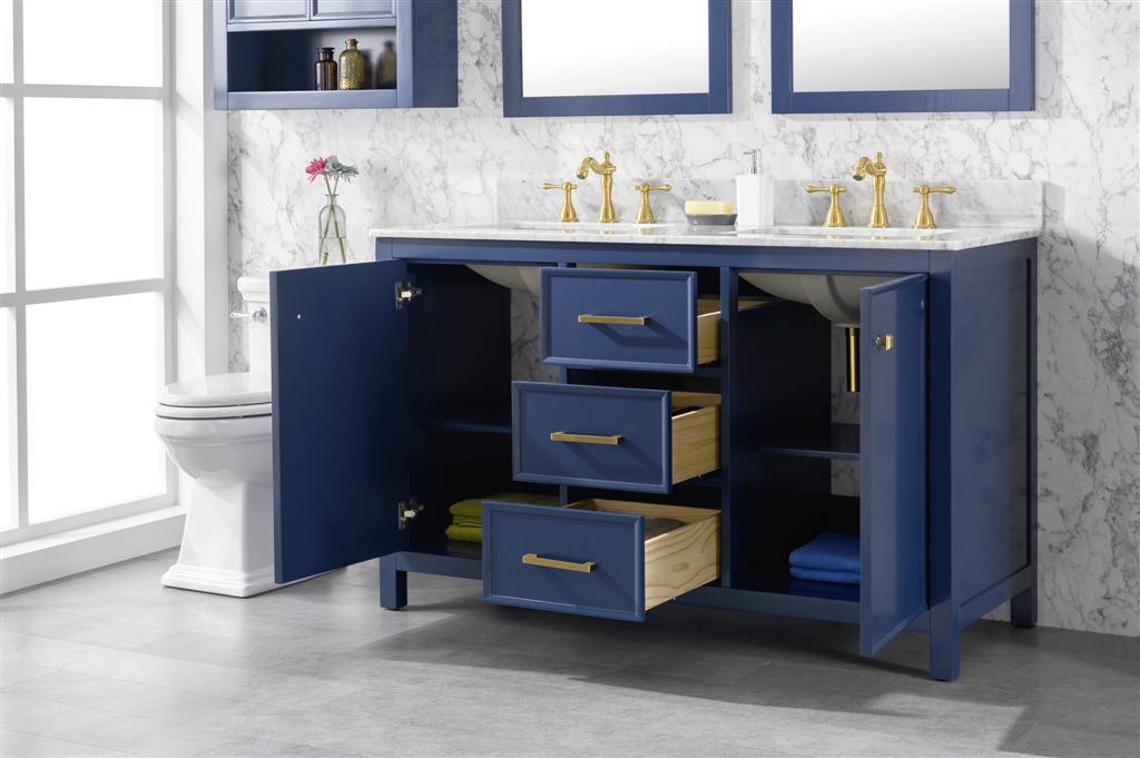 LEGION FURNITURE 54" BLUE FINISH DOUBLE SINK VANITY CABINET WITH CARRARA WHITE TOP