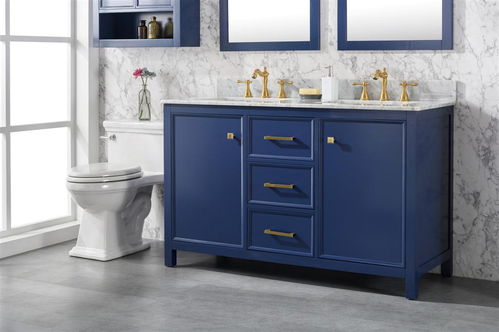 LEGION FURNITURE 54" BLUE FINISH DOUBLE SINK VANITY CABINET WITH CARRARA WHITE TOP