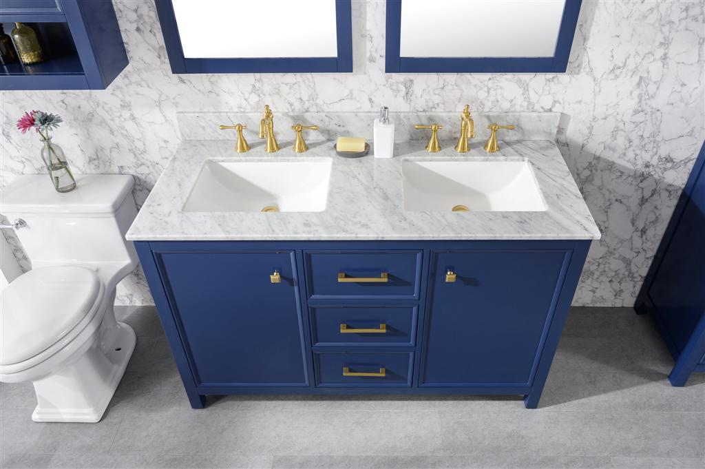 LEGION FURNITURE 54" BLUE FINISH DOUBLE SINK VANITY CABINET WITH CARRARA WHITE TOP