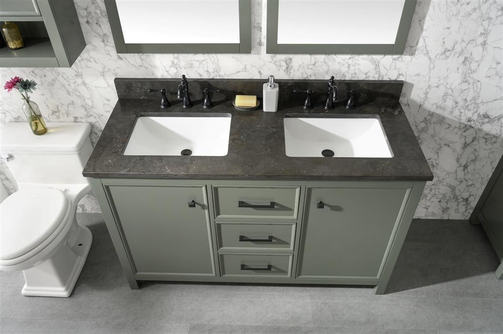 LEGION FURNITURE 54" PEWTER GREEN FINISH DOUBLE SINK VANITY CABINET WITH BLUE LIME STONE TOP