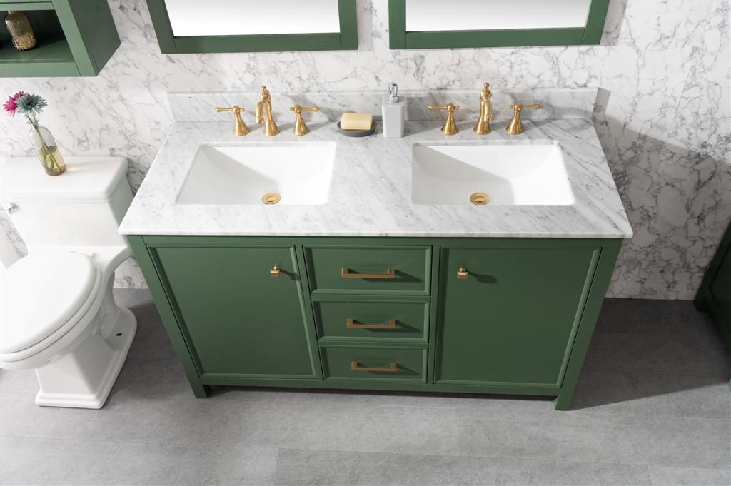 LEGION FURNITURE 54" VOGUE GREEN FINISH DOUBLE SINK VANITY CABINET WITH CARRARA WHITE TOP