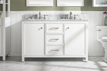 LEGION FURNITURE 54" WHITE FINISH DOUBLE SINK VANITY CABINET WITH CARRARA WHITE TOP