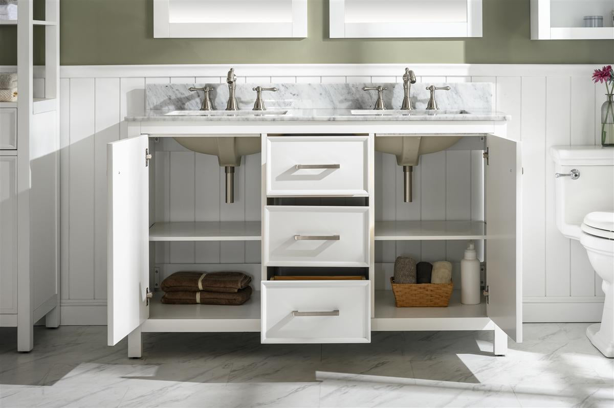 LEGION FURNITURE 54" WHITE FINISH DOUBLE SINK VANITY CABINET WITH CARRARA WHITE TOP