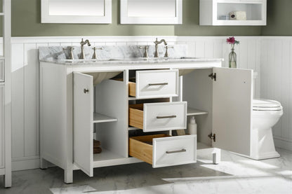 LEGION FURNITURE 54" WHITE FINISH DOUBLE SINK VANITY CABINET WITH CARRARA WHITE TOP