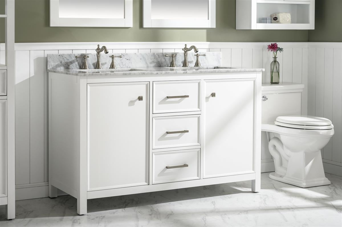 LEGION FURNITURE 54" WHITE FINISH DOUBLE SINK VANITY CABINET WITH CARRARA WHITE TOP