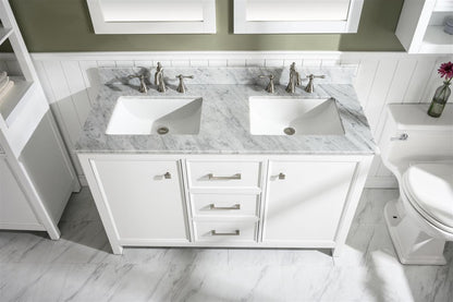 LEGION FURNITURE 54" WHITE FINISH DOUBLE SINK VANITY CABINET WITH CARRARA WHITE TOP