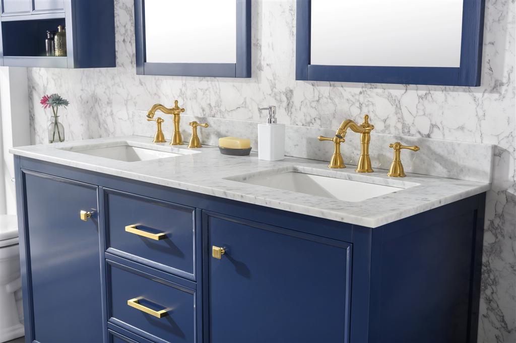 LEGION FURNITURE 60" BLUE FINISH DOUBLE SINK VANITY CABINET WITH CARRARA WHITE TOP