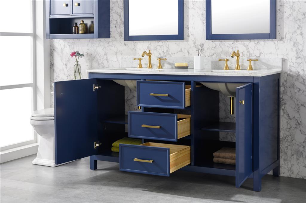 LEGION FURNITURE 60" BLUE FINISH DOUBLE SINK VANITY CABINET WITH CARRARA WHITE TOP