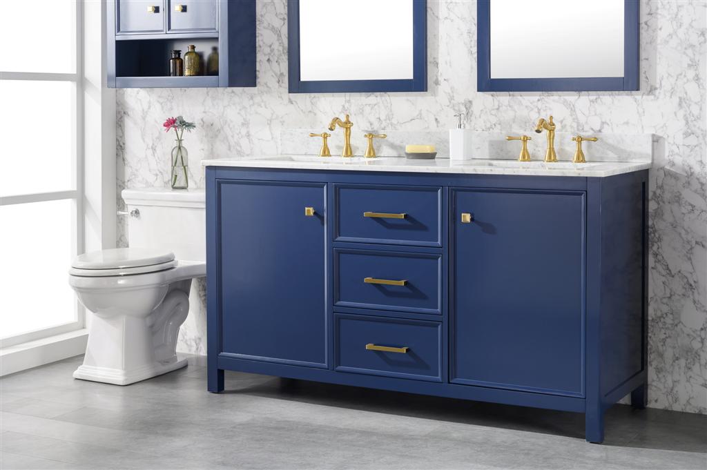 LEGION FURNITURE 60" BLUE FINISH DOUBLE SINK VANITY CABINET WITH CARRARA WHITE TOP