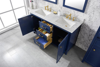 LEGION FURNITURE 60" BLUE FINISH DOUBLE SINK VANITY CABINET WITH CARRARA WHITE TOP