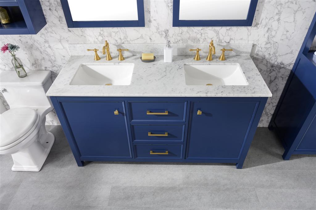 LEGION FURNITURE 60" BLUE FINISH DOUBLE SINK VANITY CABINET WITH CARRARA WHITE TOP