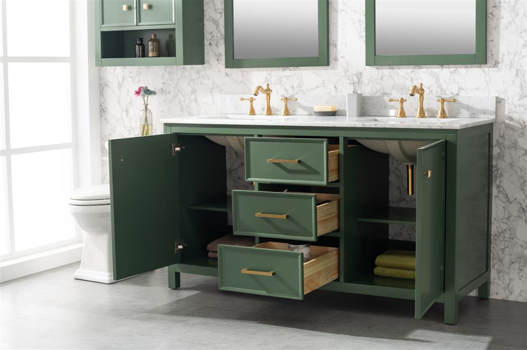 LEGION FURNITURE 60" VOGUE GREEN FINISH DOUBLE SINK VANITY CABINET WITH CARRARA WHITE TOP