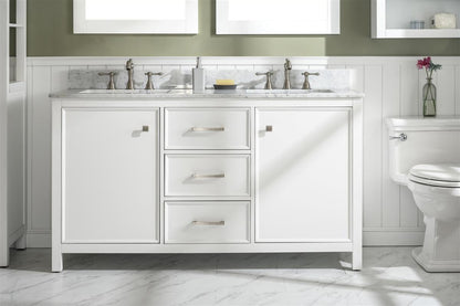 LEGION FURNITURE 60" WHITE FINISH DOUBLE SINK VANITY CABINET WITH CARRARA WHITE TOP