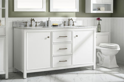 LEGION FURNITURE 60" WHITE FINISH DOUBLE SINK VANITY CABINET WITH CARRARA WHITE TOP