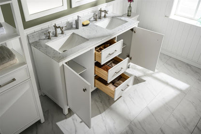 LEGION FURNITURE 60" WHITE FINISH DOUBLE SINK VANITY CABINET WITH CARRARA WHITE TOP