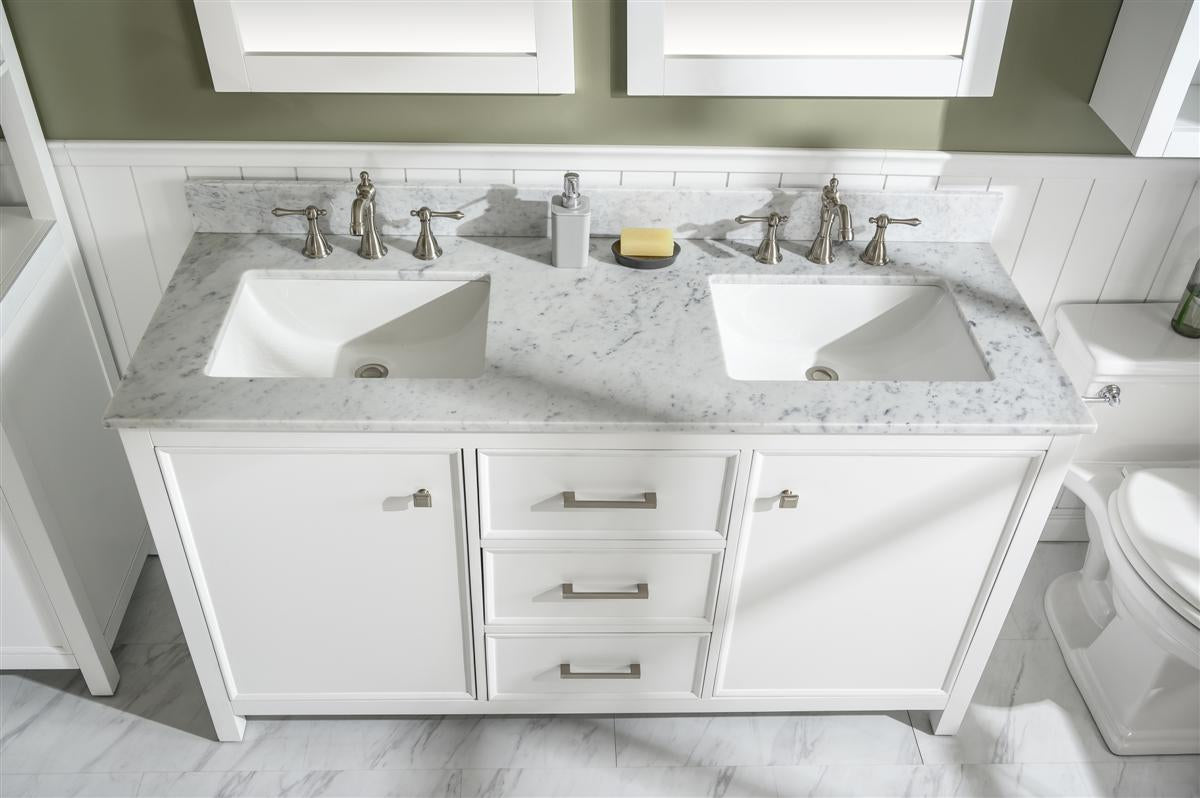 LEGION FURNITURE 60" WHITE FINISH DOUBLE SINK VANITY CABINET WITH CARRARA WHITE TOP