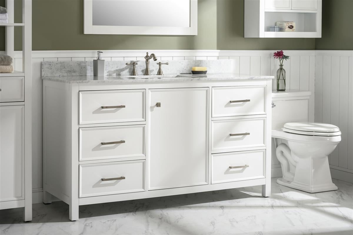 LEGION FURNITURE 60" WHITE FINISH SINGLE SINK VANITY CABINET WITH CARRARA WHITE TOP