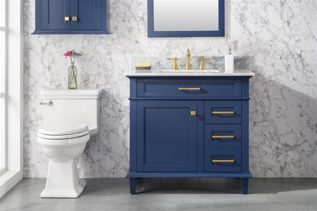 LEGION FURNITURE 36" BLUE FINISH SINK VANITY CABINET WITH CARRARA WHITE TOP