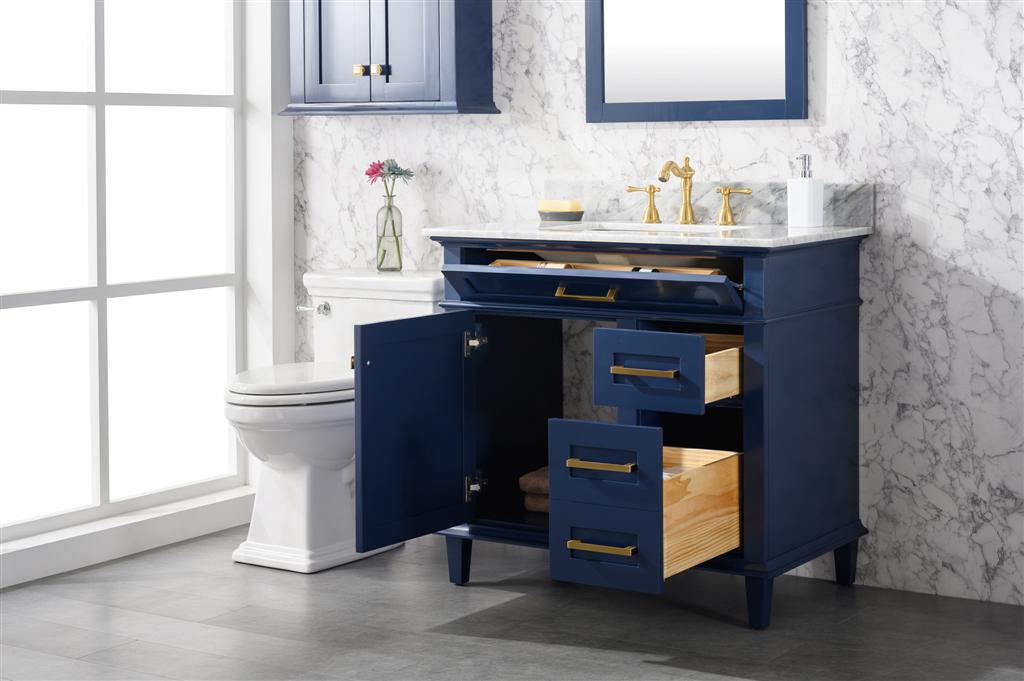 LEGION FURNITURE 36" BLUE FINISH SINK VANITY CABINET WITH CARRARA WHITE TOP