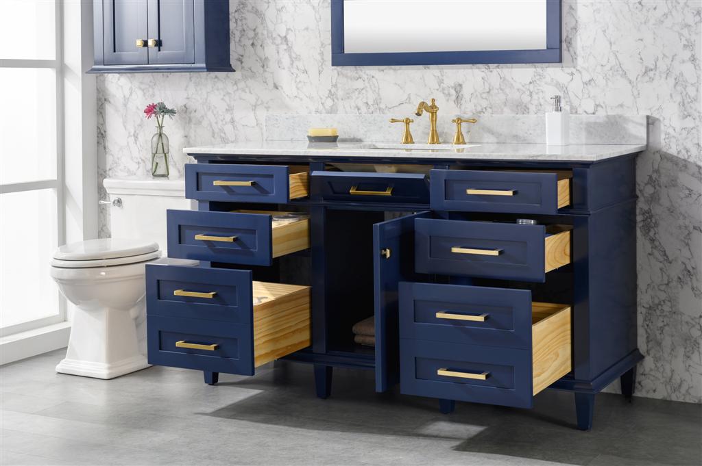 LEGION FURNITURE 60" BLUE FINISH SINGLE SINK VANITY CABINET WITH CARRARA WHITE TOP