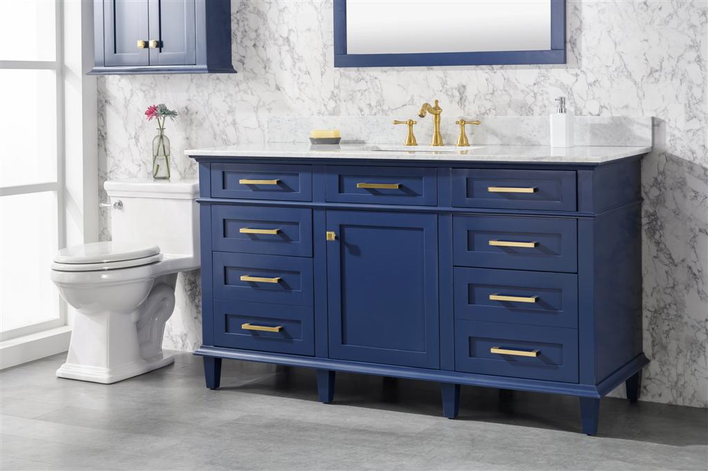 LEGION FURNITURE 60" BLUE FINISH SINGLE SINK VANITY CABINET WITH CARRARA WHITE TOP