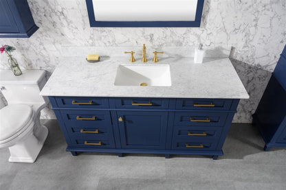 LEGION FURNITURE 60" BLUE FINISH SINGLE SINK VANITY CABINET WITH CARRARA WHITE TOP