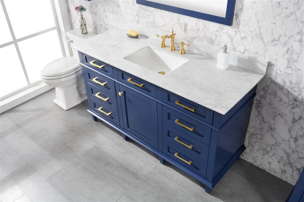 LEGION FURNITURE 60" BLUE FINISH SINGLE SINK VANITY CABINET WITH CARRARA WHITE TOP